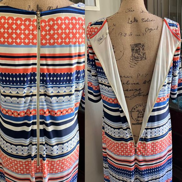 Pink & Blue Mixed Print Midi Shift Dress Size 12 Scoop Neck Back Zip Bohemian - Picture 13 of 16